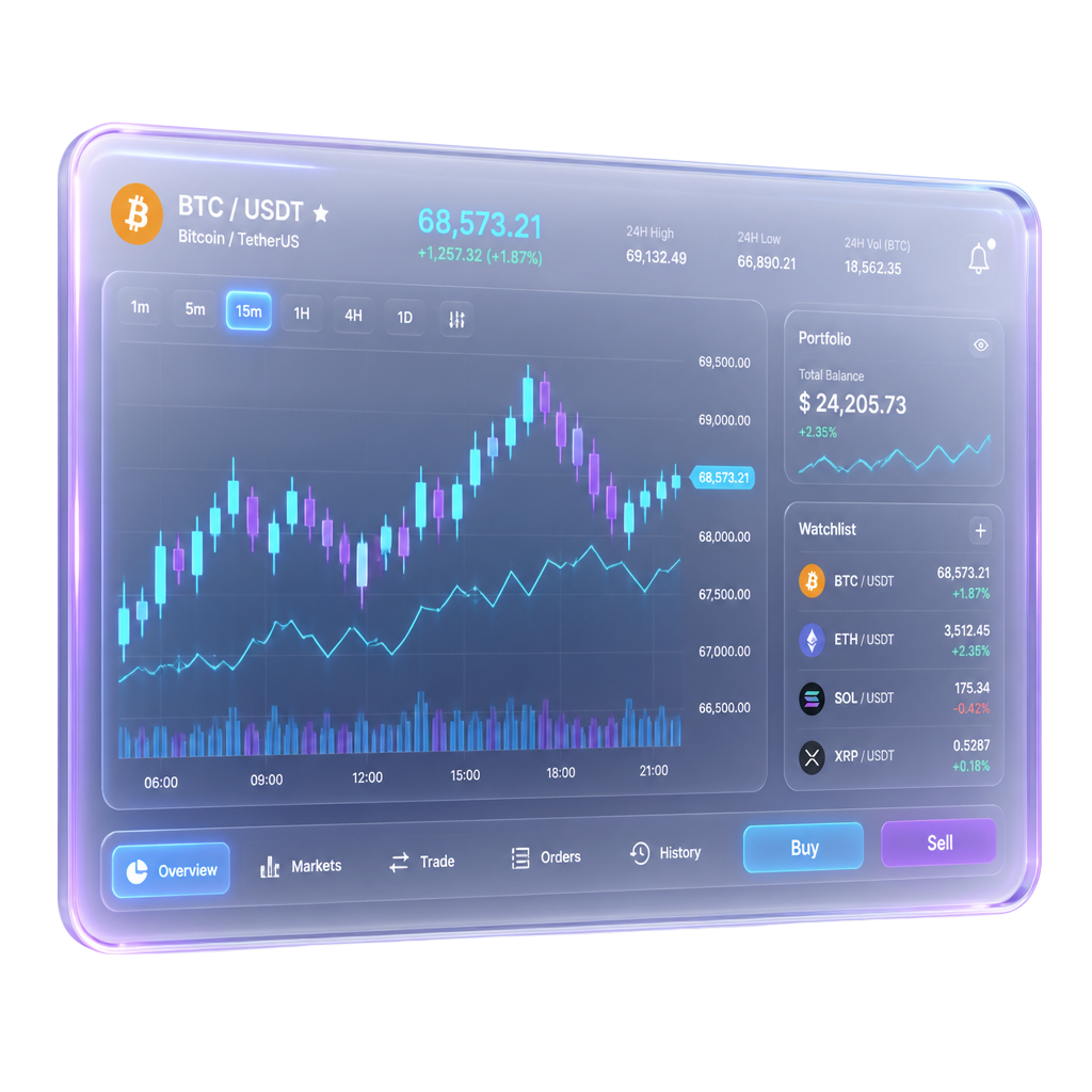 Glassmorphic trading dashboard illustration used in LW Management platform research